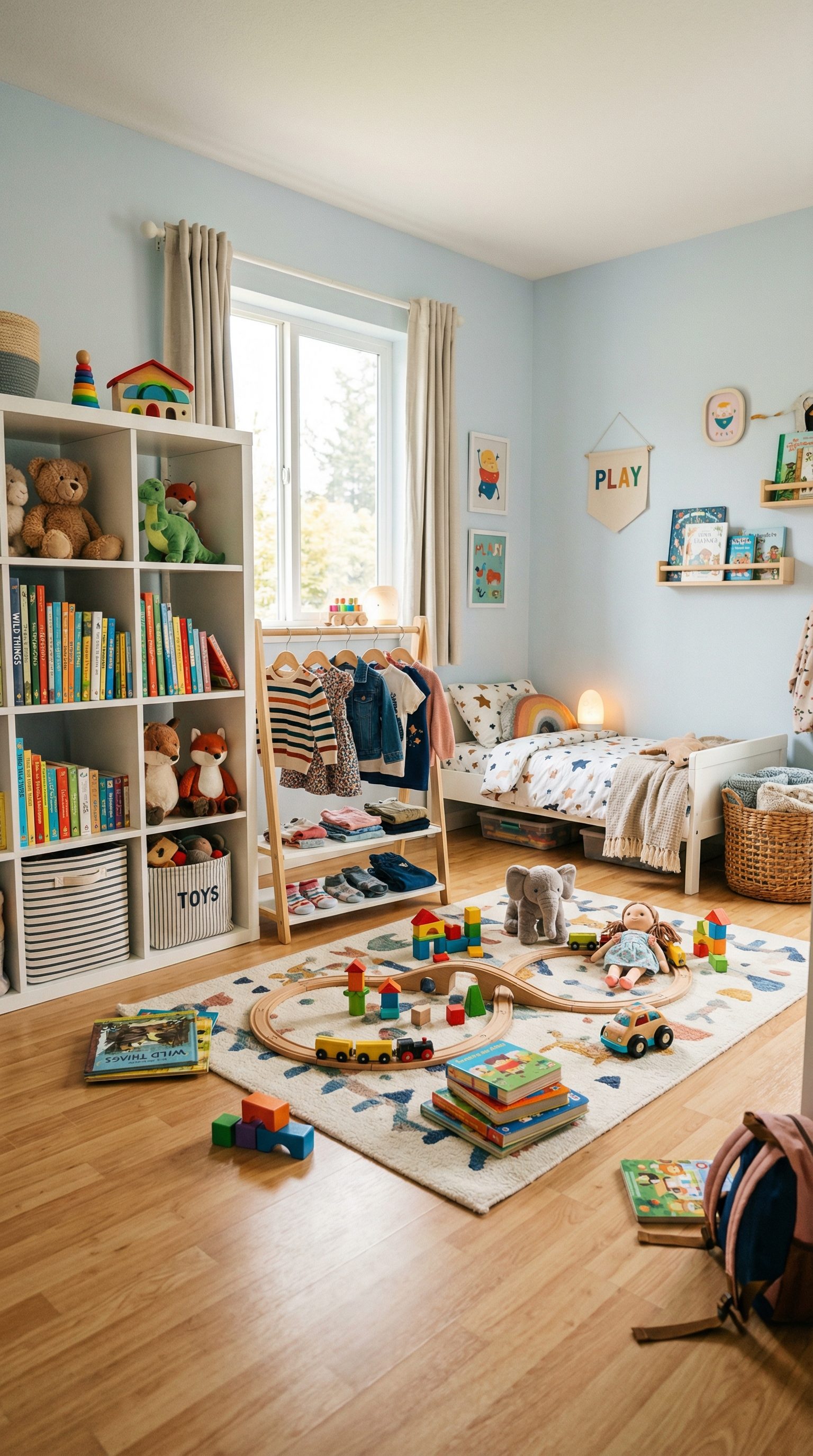 Organized kids room with toy storage system